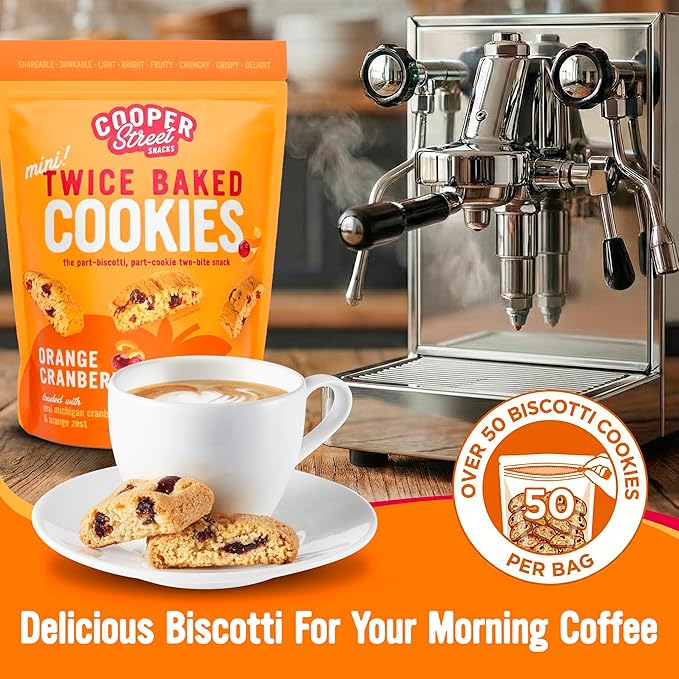 Cooper Street Twice-Baked Orange Cranberry Biscotti Cookies (16 oz - Pack of 2) – Over 50 Biscotti per Bag Loaded with Real Fruit, Italian Style Snacks with Coffee or Tea - Dairy, Peanut & Soy Free