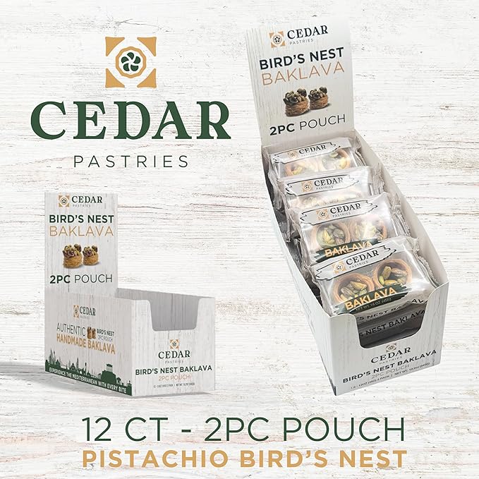 Cedar Pastries Pistachio Baklava 2-Pack On-The-Go Bird’s Nest – Case of 12 | Handmade Mediterranean Snack Pastries