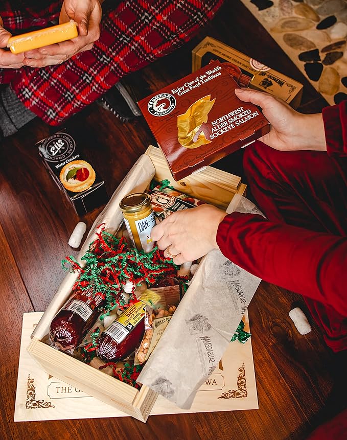 Dan the Sausageman's Signature Gift (Favorite) Gourmet Gift Basket Featuring Smoked Summer Sausage, Savory SeaBear Salmon, Wisconsin Cheese, Sweet Hot Mustard, and a Reuseable Keepsake Wood Pine Crate