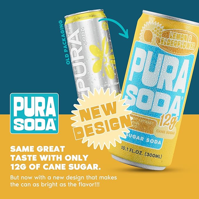 PuraSoda® Lemon & Elderflower | Low-Calorie, Cane Sugar Soda Beverage | Non-GMO, Vegan | Made with Pure Cane Sugar, Clean & Refreshing | 10.1 fl oz (300ml) Cans, Pack of 24