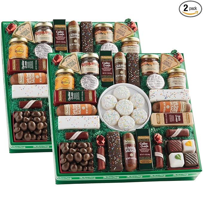 2 Gift Boxes - The Swiss Colony 27 Spring Favorites Food Gift Set, Summer Sausage Meats and Cheeses, Gift Basket, Cheese for Charcuterie Board, Holiday, Thank You Gifts, Adults, Women, Men
