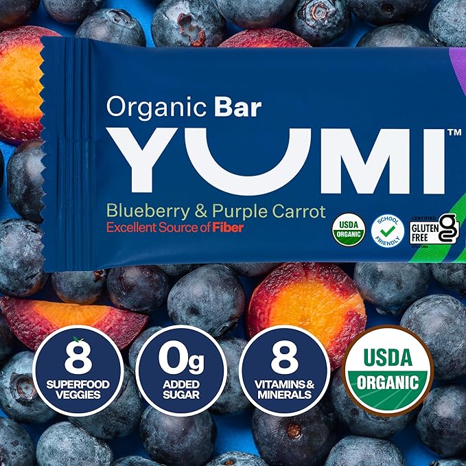 Yumi Organic Toddler Snacks Bars - Gluten-Free, No Added Sugar, 7+ Vegetables, Soft-Baked Crust Yumi Bars, Healthy Toddler Organic Snacks - School Safe and for Lunch Boxes, Blueberry & Purple Carrot (30ct.)