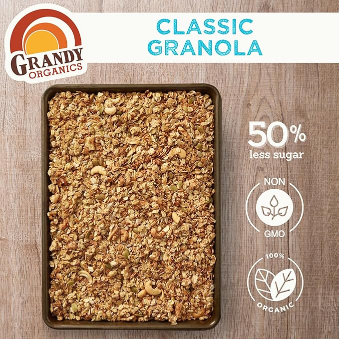 Grandy Organics Classic Granola, Certified Organic Granola Cereal, Low Sugar - Made with Oats, Pumpkin Seeds, Walnuts and Cashews, 12oz Bags, Bulk Pack of 6