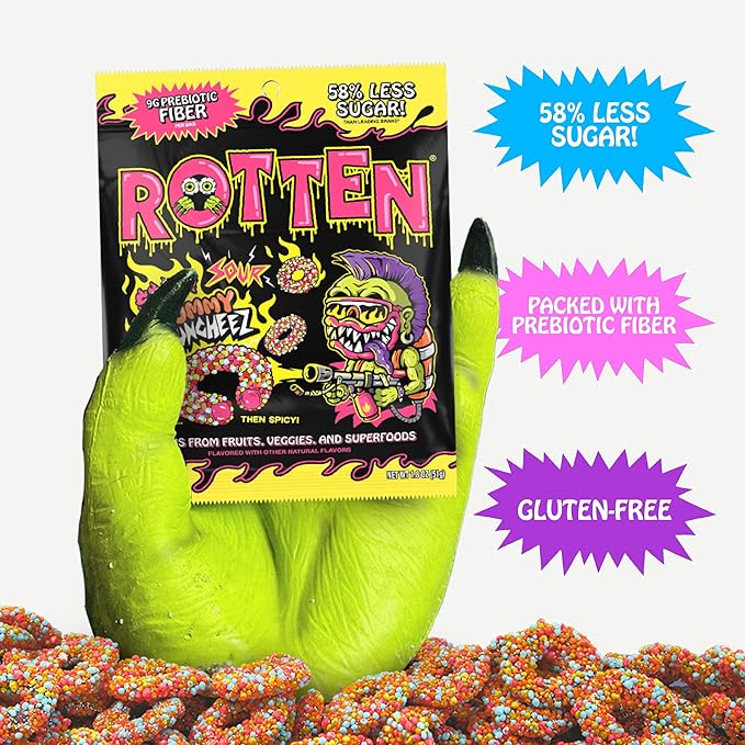 Rotten Spicy Sour Gummy Cruncheez - Low Sugar, Low Calorie, 5g Gut-Friendly Prebiotic Fiber, Gluten Free Candy, No Artificial Dyes - 1.8 oz - 8-Pack