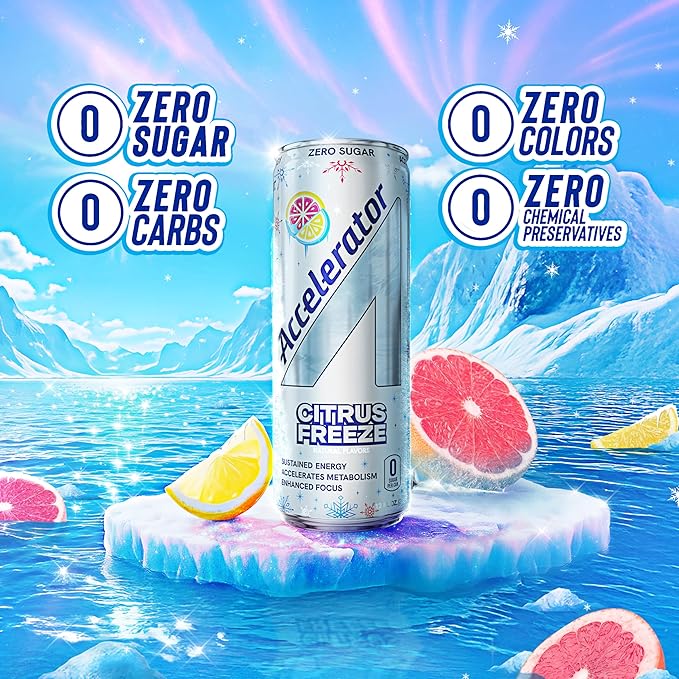 Accelerator Energy Drink, Citrus Freeze 12oz can (12 pack), Zero Sugar, Sustained Energy from 100% Natural Caffeine (200mg from Green Coffee Bean & Green Tea extract)