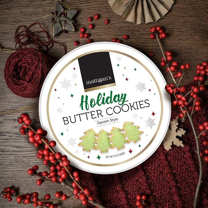 Mattigan's Holiday Cookies, Danish Style Assorted Butter Cookies, 12 oz Tin, Christmas Cookie Gift Set, Gourmet Gifts, Holidays, Christmas & Stocking Stuffer, Special Occassions Reusable Metal Tin