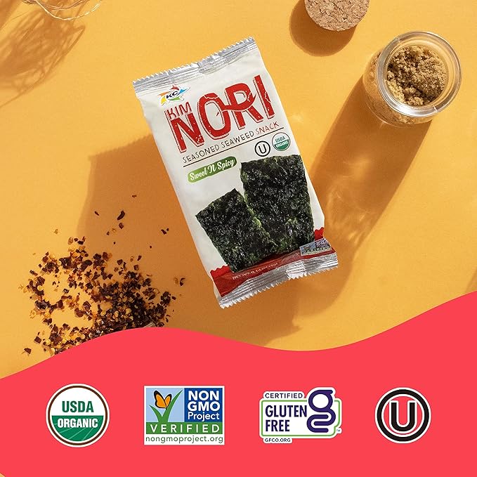 KIMNORI Seasoned Seaweed Snacks Sheets – Organic Sweet 'N Spicy Flavor 24 Individual Packs Roasted Crispy Premium 100% Natural Laver Kim Nori 4g 0.14 Ounce