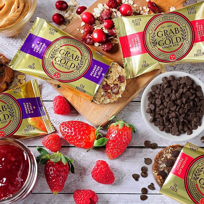 Grab The Gold Protein Snack Bar Variety Pack | Plant-Based Protein, Gluten-Free, Vegan, Dairy-Free, Kosher | 14 Count Variety Pack 7 Chocolate Peanut Butter & 7 Peanut Butter & Jelly