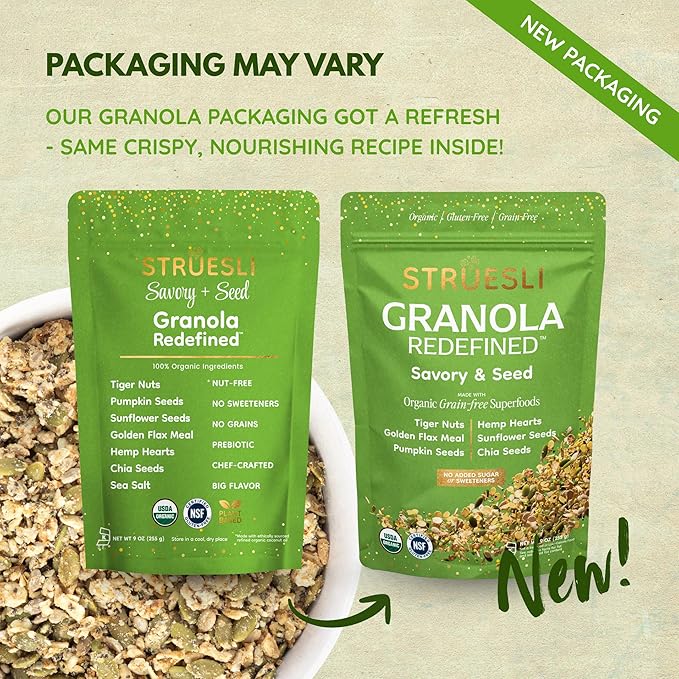Struesli Savory + Seed Organic Granola, Nut, Grain & Gluten Free, Healthy Snacks with Pumpkin, Sunflower & Chia Seeds, Hemp Hearts, Flax, Tiger Nuts & Sea Salt, Plant Based, Keto & Paleo, 9 Oz, 2 Pack