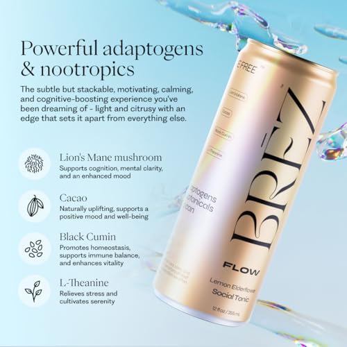 BRĒZ FLOW Lion’s Mane Mushroom Drink 8 Pack, Lemon Elderflower, Supports Mood & Focus, Non-Alcoholic Sparkling Adaptogen Drink, Functional Mushrooms, Feel Clear, Calm & Refreshed- 12 Fl oz Cans