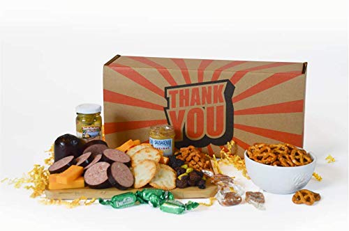 Dan the Sausageman's Thank You Gift Basket 14 items– Featuring 100% Beef Summer Sausage, Wisconsin Cheese & Sweet Hot Mustard | Mothers Day Gift Basket, Snack Box for Adults