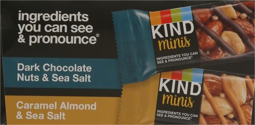 KIND Minis Snack Bars, Dark Chocolate Nuts & Sea Salt and Caramel Almond & Sea Salt, 3g Sugar, Gluten Free Bars, Variety Pack, 0.7 OZ, (20 Count) (Pack of 2)