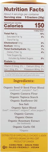 Simple Mills Organic Seed Crackers, Garlic & Herb - Gluten Free, Vegan, Healthy Snacks, Paleo Friendly, 4.25 Ounce (Pack of 2)