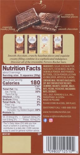 Ferrero Rocher Premium Chocolate Bars,2 Pack, Milk Chocolate Hazelnut, Luxury Chocolate, Individually Wrapped, 3.1 Oz Each