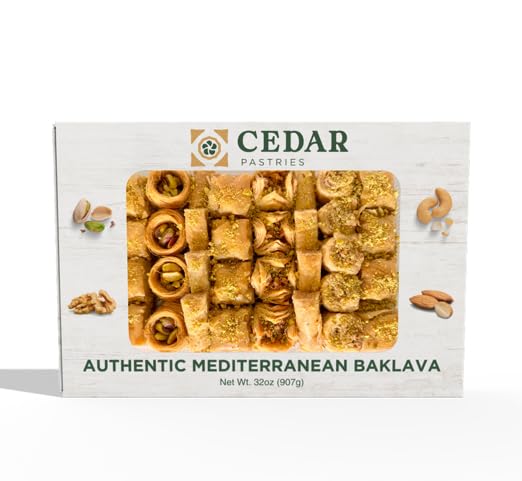 Cedar Pastries Assorted Mediterranean Baklava 33-Piece Large Box – Pistachio, Cashew & Walnut Bitesize Treats | Kosher & Halal Certified