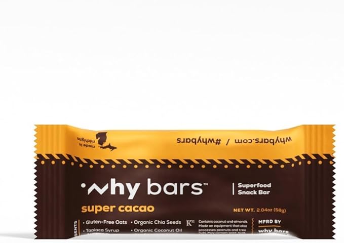 Why Bars, Superfood Protein Bars, 2.04 Ounce Bars - Protein Bar Superfood, Gluten Free, Non GMO, Organic, Vegan, Simple Ingredients (Cacao)