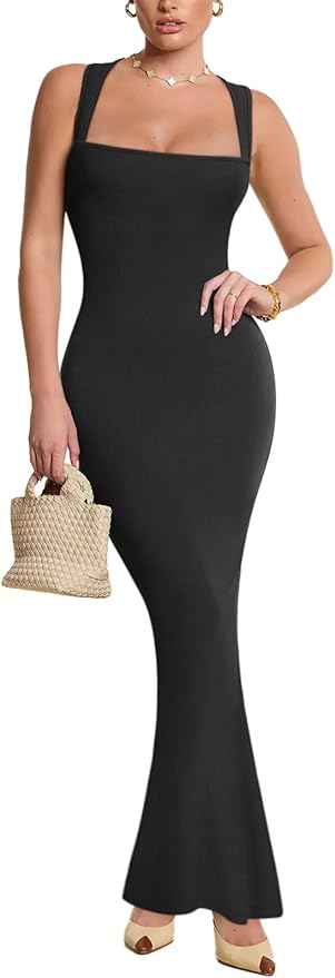 REORIA Sexy Square Neck Sleeveless Elegant Ribbded Long Maxi Dress Wedding Guest Dresses for Women 2026 Summer