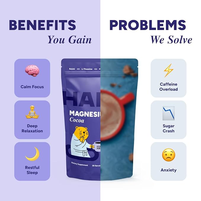 HABIT ONE Nighttime Mushroom Cocoa with Magnesium Glycinate, Ashwagandha & Reishi - Adaptogens Blend - Zinc, L-Theanine, L-Glycine, Chamomile, Jujube & Cinnamon - Made in USA - 30 Servings
