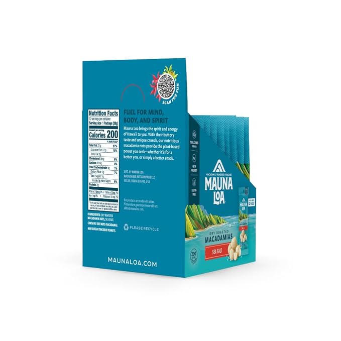 Mauna Loa Sea Salt Roasted Macadamia Nuts, 12 Pack of 1 oz Single Serve Snack Bags, Keto Friendly, Gluten Free, Healthy Hawaiian Snack