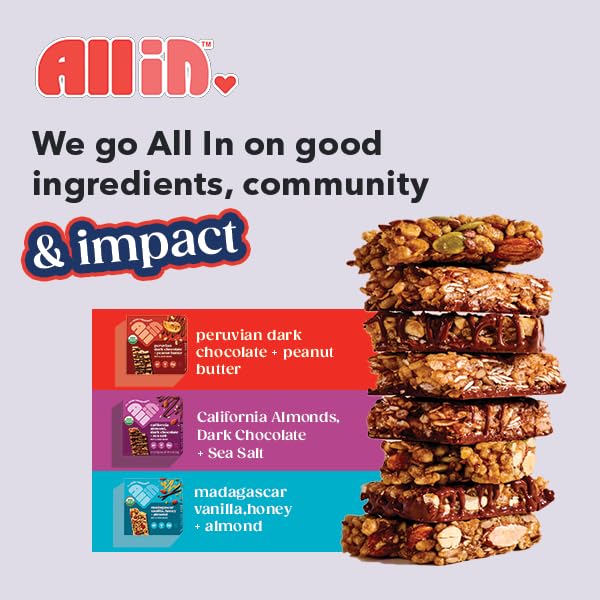 All In Snack Bars California Almond, Dark Chocolate + Sea Salt - Healthy Snack for Adults and Kids - Gluten Free - Organic - Non-GMO (12 Pack)