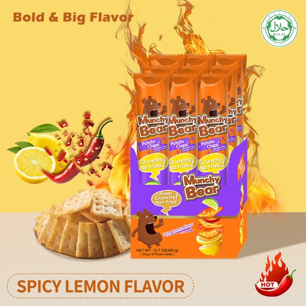 Munchy Bear Baked Savory Crackers – Spicy Lemon Flavor 9Packs Zesty & Tangy Crispy Crackers Halal-Certified Bold Snack