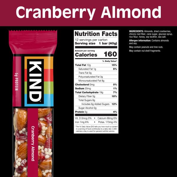 KIND Nut Bars, Cranberry Almond, Healthy Snack Bars, Gluten Free, Low Sugar, 6g Protein, 12 Count