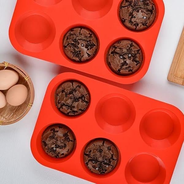 CAKETIME Silicone Jumbo Muffin Pan, 3.5 Inch Silicone Texas Muffin Pan 6 Cup Large Cupcake Pan Nonstick BPA Free 2 Pack Red