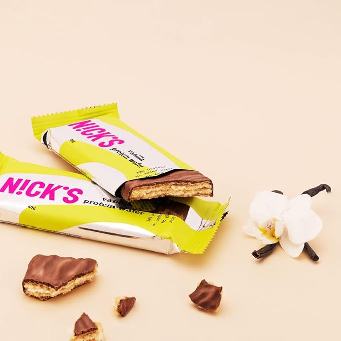 NICKS Protein Vanilla Wafer Bar | 25% Protein (10g) 203 Calories | Low Carb Vanilla Cookie Bar Snack with No Added Sugar, Gluten Free (24 bars x 40g)