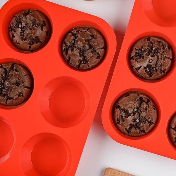 CAKETIME Silicone Jumbo Muffin Pan, 3.5 Inch Silicone Texas Muffin Pan 6 Cup Large Cupcake Pan Nonstick BPA Free 2 Pack Red