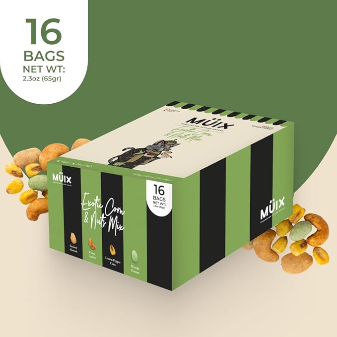 Müix Snacks, Premium Snack Mix: Exotic Mix - 2.3 Ounce Bags (Pack of 16 Bags), Healthy Trail Mix, Snack Mix (Smoked Almond, Citrus Cashew, Peppper Lemon Corn, Wasabi Peanut), Gluten Free, Vegan Snack
