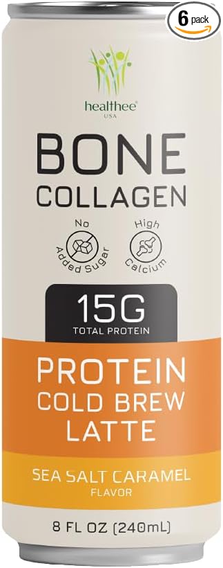 Healthee Protein Collagen Cold Brew Coffee Latte | 15g Protein | Cold Brew Latte | 8 fl oz (Pack of 12, Sea Salt Caramel (Bone Collagen))
