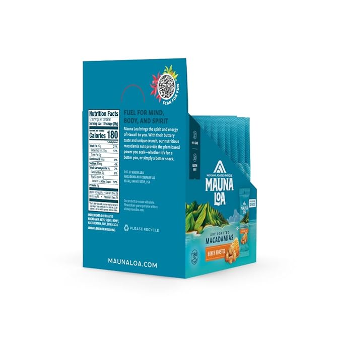 Mauna Loa Honey Roasted Macadamia Nuts, 12 Pack of 1 oz Single Serve Snack Bags, Gluten Free, Sweet & Crunchy Hawaiian Snack