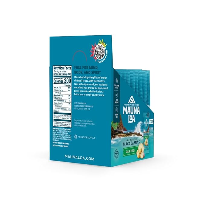 Mauna Loa Garlic Onion Roasted Macadamia Nuts, 12 Pack of 1 oz Single Serve Snack Bags, Keto Friendly, Gluten Free, Savory Healthy Snack