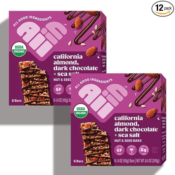 All In Snack Bars California Almond, Dark Chocolate + Sea Salt - Healthy Snack for Adults and Kids - Gluten Free - Organic - Non-GMO (12 Pack)