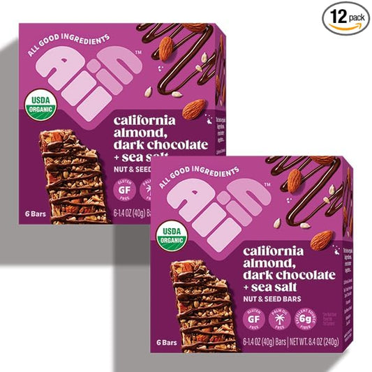 All In Snack Bars California Almond, Dark Chocolate + Sea Salt - Healthy Snack for Adults and Kids - Gluten Free - Organic - Non-GMO (12 Pack)