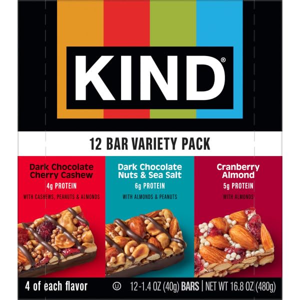 KIND Nut Bars, Cranberry Almond, Dark Chocolate Nuts & Sea Salt, and Dark Chocolate Cherry Cashew, Healthy Snack Bars, Gluten Free, Low Sugar, 4-6g Protein, 12 Count