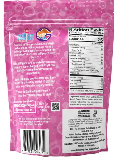 Zollipops The Clean Teeth Pops Gabby's Dollhouse, Anti Cavity Lollipops, Ball Popz, 10.4 oz Pack of 2