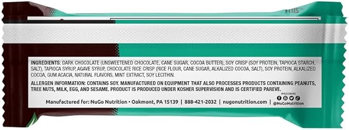 NuGo Dark Chocolate Mint Chocolate Chip, 13g Protein Bar, Vegan, Gluten Free, Non-GMO, Kosher Pareve, 12 Count