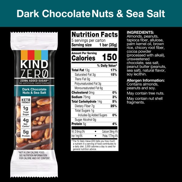 KIND ZERO Added Sugar Bars, Keto Snack, Dark Chocolate Nuts and Sea Salt, Good Source of Fiber, Gluten Free, Low Sugar, 6g Protein, 30 Count