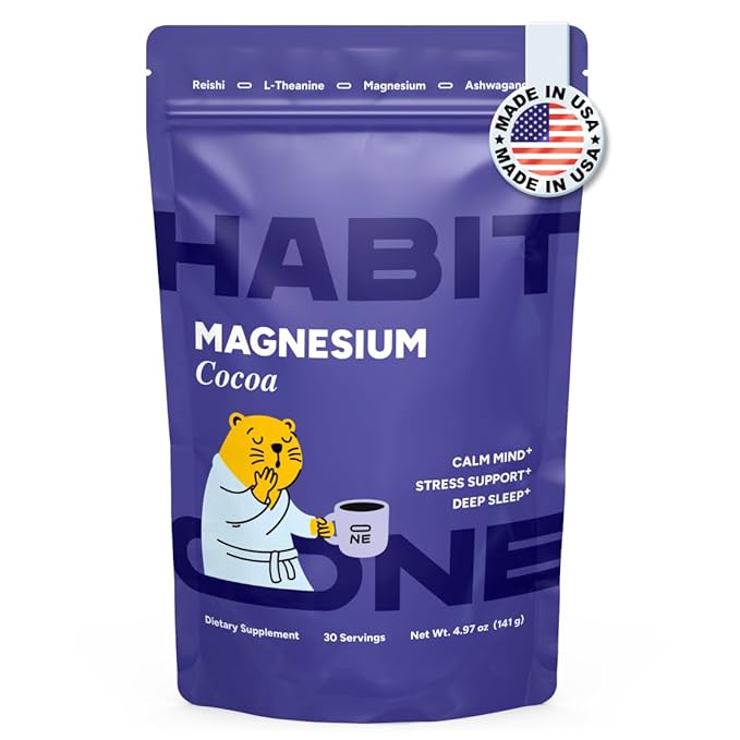 HABIT ONE Nighttime Mushroom Cocoa with Magnesium Glycinate, Ashwagandha & Reishi - Adaptogens Blend - Zinc, L-Theanine, L-Glycine, Chamomile, Jujube & Cinnamon - Made in USA - 30 Servings