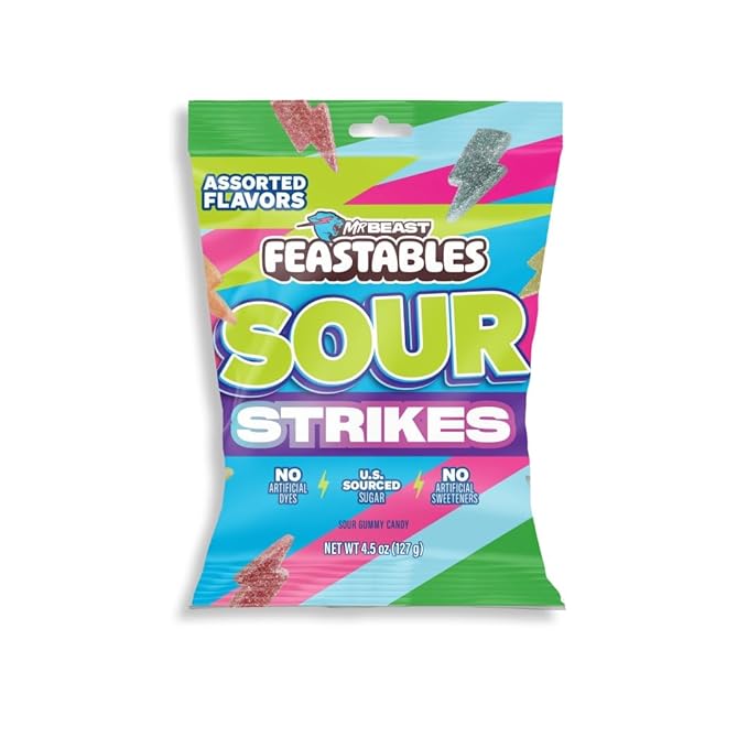 Feastables Mrbeast Strikes Sour Candy, Mixed Gummies With Watermelon, Green Apple, Strawberry, and Raspberry Flavors, Candy for Adults & Kids as Snacks or Dessert, Made With Fairtrade Sugar, 12CT