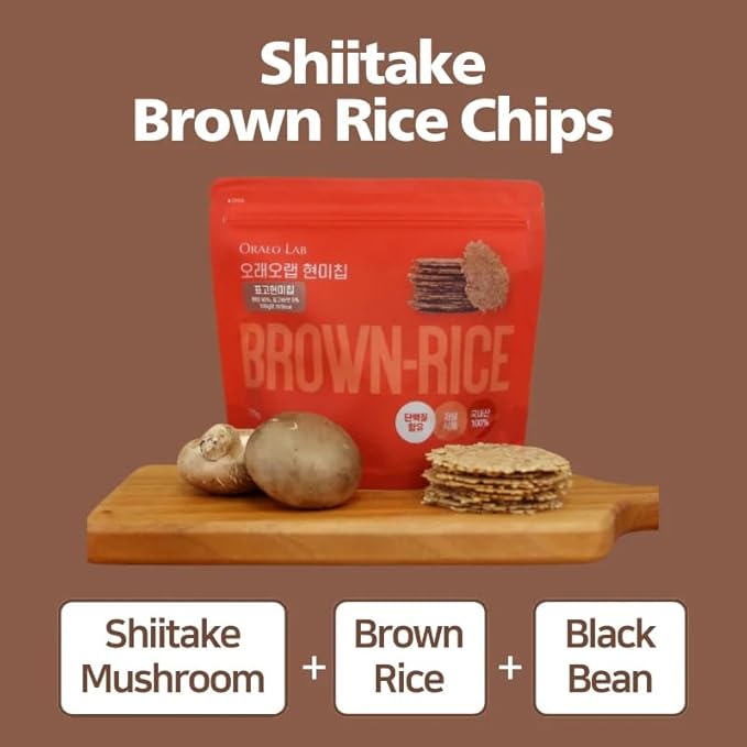Korean Food Oraeo-Lab Korean Brown Rice Chips with Shiitake Mushroom – Vegan Pressed Snack, Not Fried | Healthy Plant-Based Crisps, 170g (6 oz) Bag
