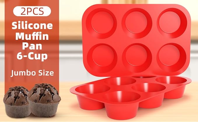 CAKETIME Silicone Jumbo Muffin Pan, 3.5 Inch Silicone Texas Muffin Pan 6 Cup Large Cupcake Pan Nonstick BPA Free 2 Pack Red