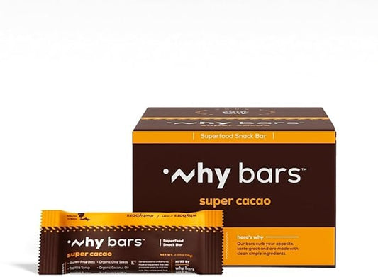 Why Bars, Superfood Protein Bars, 2.04 Ounce Bars - Protein Bar Superfood, Gluten Free, Non GMO, Organic, Vegan, Simple Ingredients (Cacao)