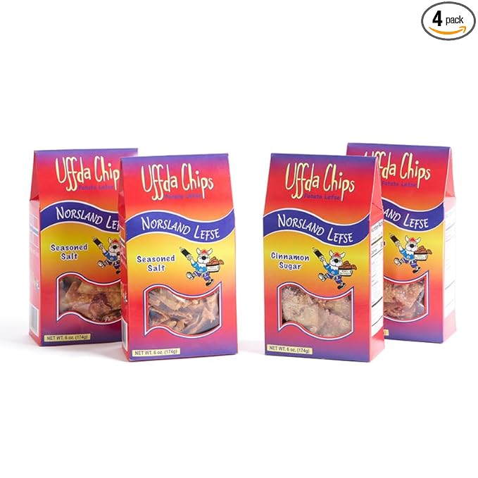 Uffda Chips - Made From Real Lefse By Norsland Lefse - 6 oz - 4 Pack (Cinnamon Sugar & Seasoned Salt)