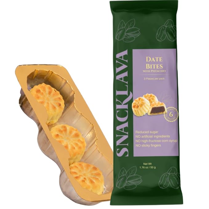 Snacklava Pistachio Date Bites - 20 Pack (60 Pieces) - Pistachio and Date Filled Maamoul Shortbread Cookies - No Artificial Ingredients, Colors or Preservatives