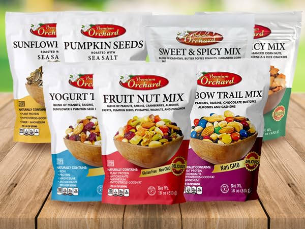 MIXED NUTS Rainbow Trail Mix by Premium Orchard - Healthy Trail Mix Variety Pack Peanuts Raisins Cashews Almonds Chocolate Buttons Heart Healthy Snacks for Adults and Kids Snacks