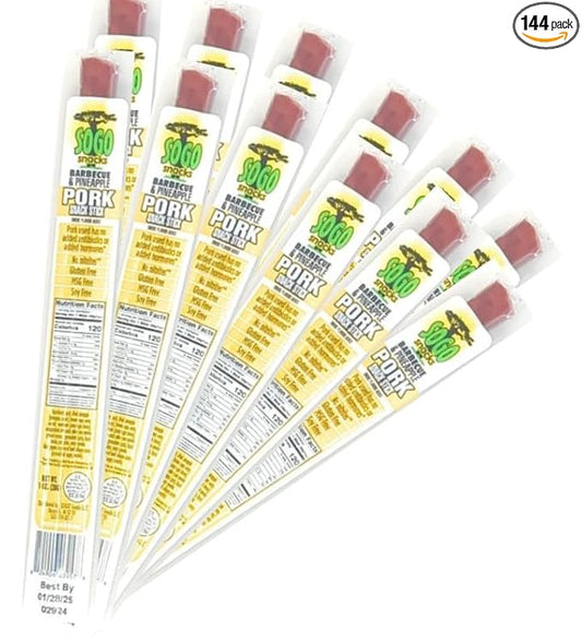 BBQ & Pineapple Natural Pork Meat Sticks, Sogo Snacks, No Nitrates, Gluten, Soy, MSG, Dairy or Nuts. Pork Used Has No Added Antibiotics or Hormones. (1-oz Stick, 144-Count)