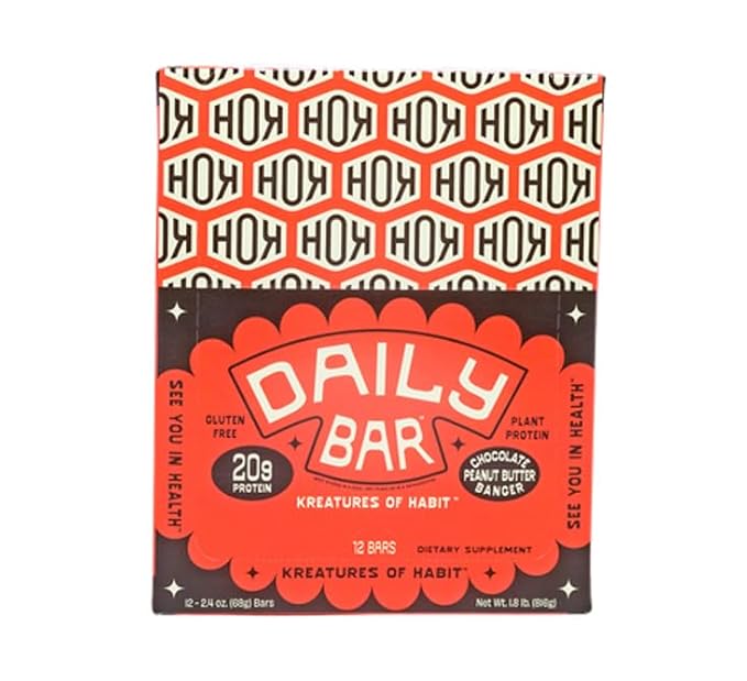 Kreatures of Habit DAILY BAR | 20g Plant-Based Protein Bar | 3g of Creatine Monohydrate Per Bar | Gluten-Free | No Seed Oils or Artifical Flavors (Peanut Butter Banger, Pack of 12)