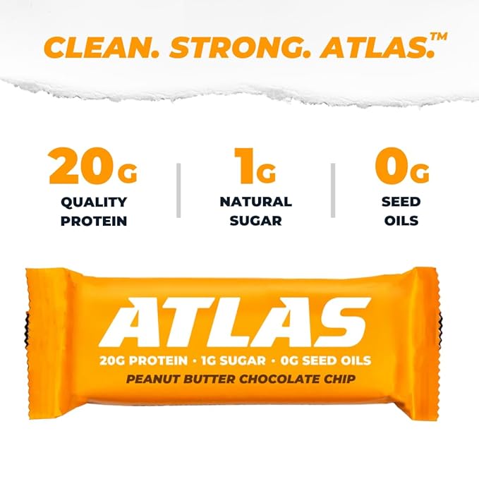 Atlas Real Food Protein Bar – 20g Clean Protein, 1g Sugar, No Seed Oils, No Artificial Sweeteners (Peanut Butter Chocolate Chip, 12 Count)